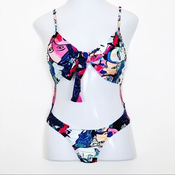 Pop Art Cut-Out Tied Bowknot One-Piece Swimsuit - Picture 1 of 13